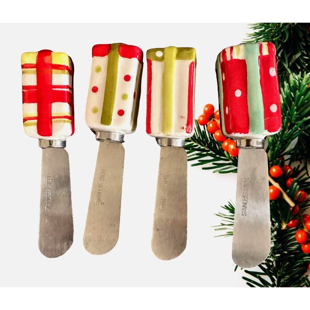 Christmas Cheese Spreaders  Set Of 4 Appetiizer Charcuterie Board Merry Stripes